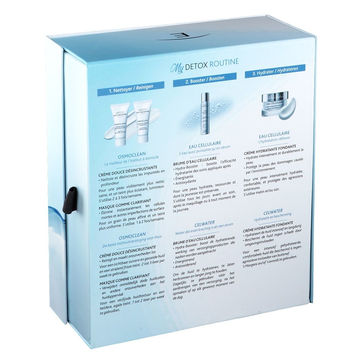 Achterkant van de geschenkverpakking INSTITUT ESTHEDERM My Detox Routine. Productbeschrijvingen en instructies.