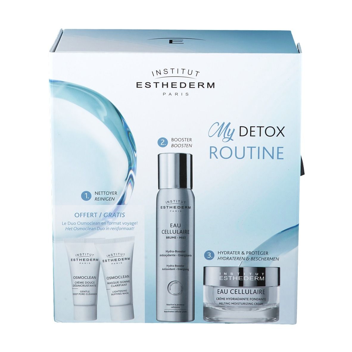 Geschenkverpakking INSTITUT ESTHEDERM My Detox Routine. Bevat reiniger, booster en crème. Wit en blauw.