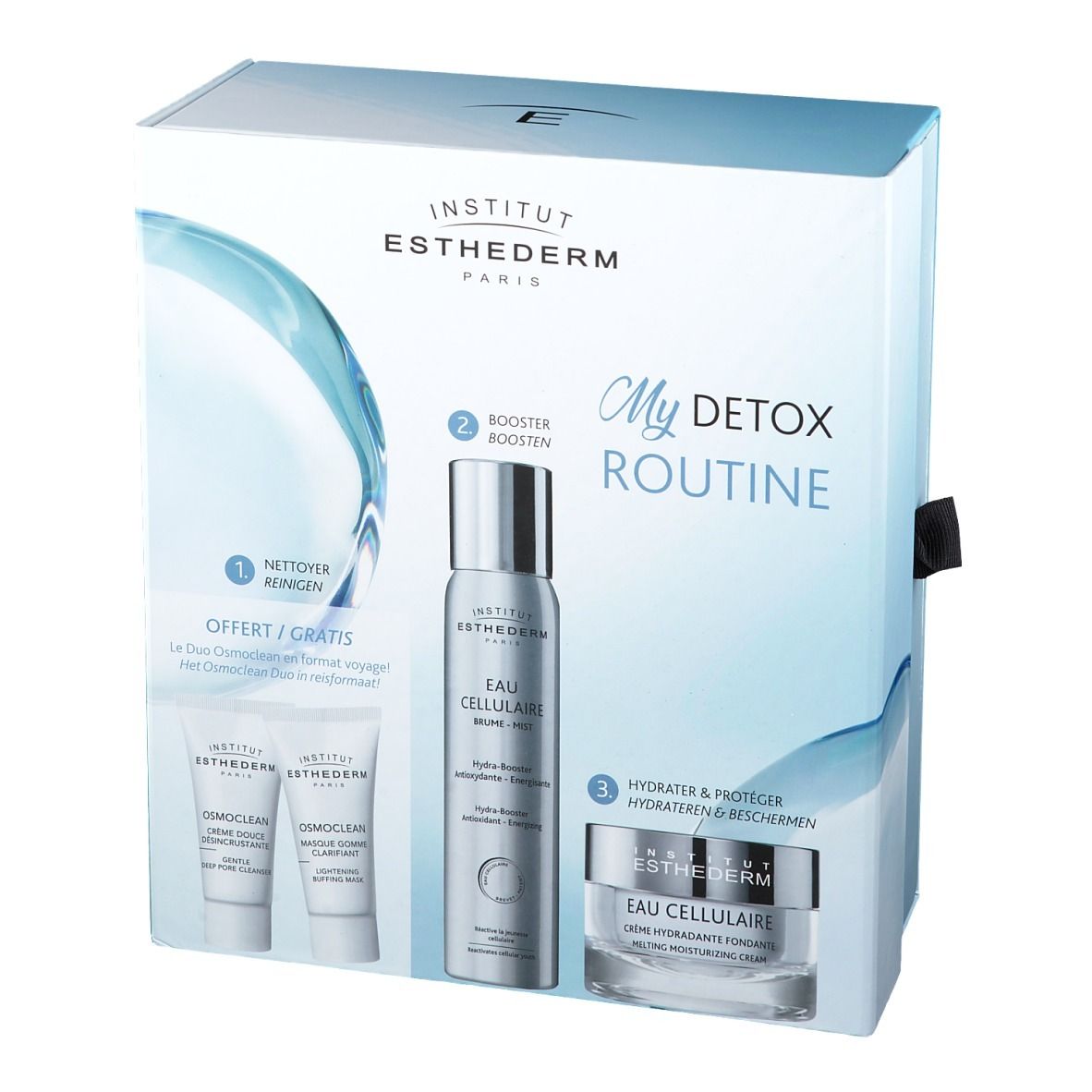 Geschenkverpakking INSTITUT ESTHEDERM My Detox Routine. Bevat reiniger, booster en crème. Verpakking met sluiting.