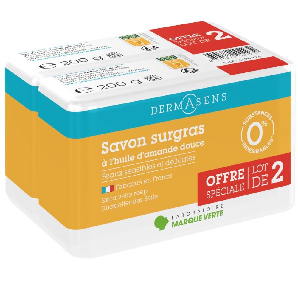 Verpakking met twee zeepblokken. Opschrift: Dermasens, Savon surgras, à l'huile d'amande douce. 'Offre spéciale lot de 2'.