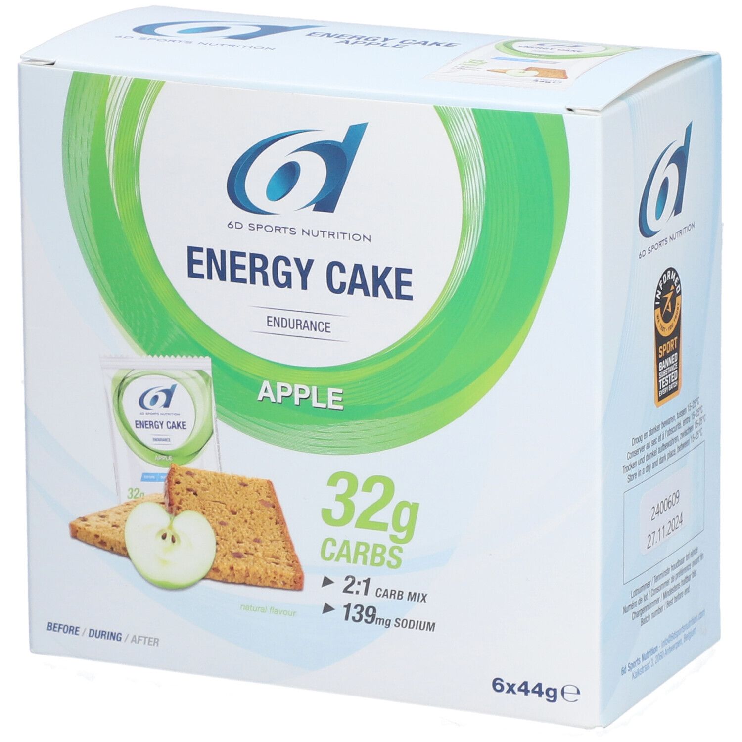 Verpakking 6D Sports Nutrition Energy Cake Apfel. Bevat 6 repen, 32g koolhydraten, 139mg natrium. Appel afgebeeld.
