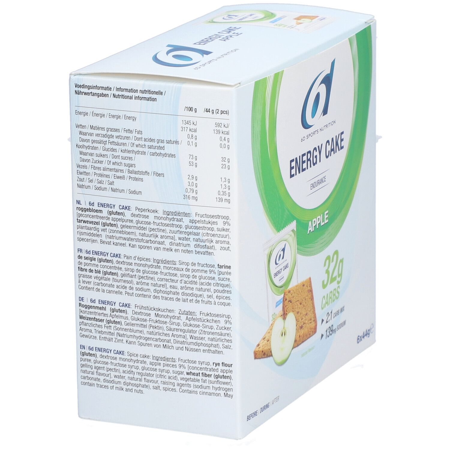 Verpakking 6D Sports Nutrition Energy Cake Apfel. Voedingswaarde, ingrediëntenlijst. Appel en repen afgebeeld.