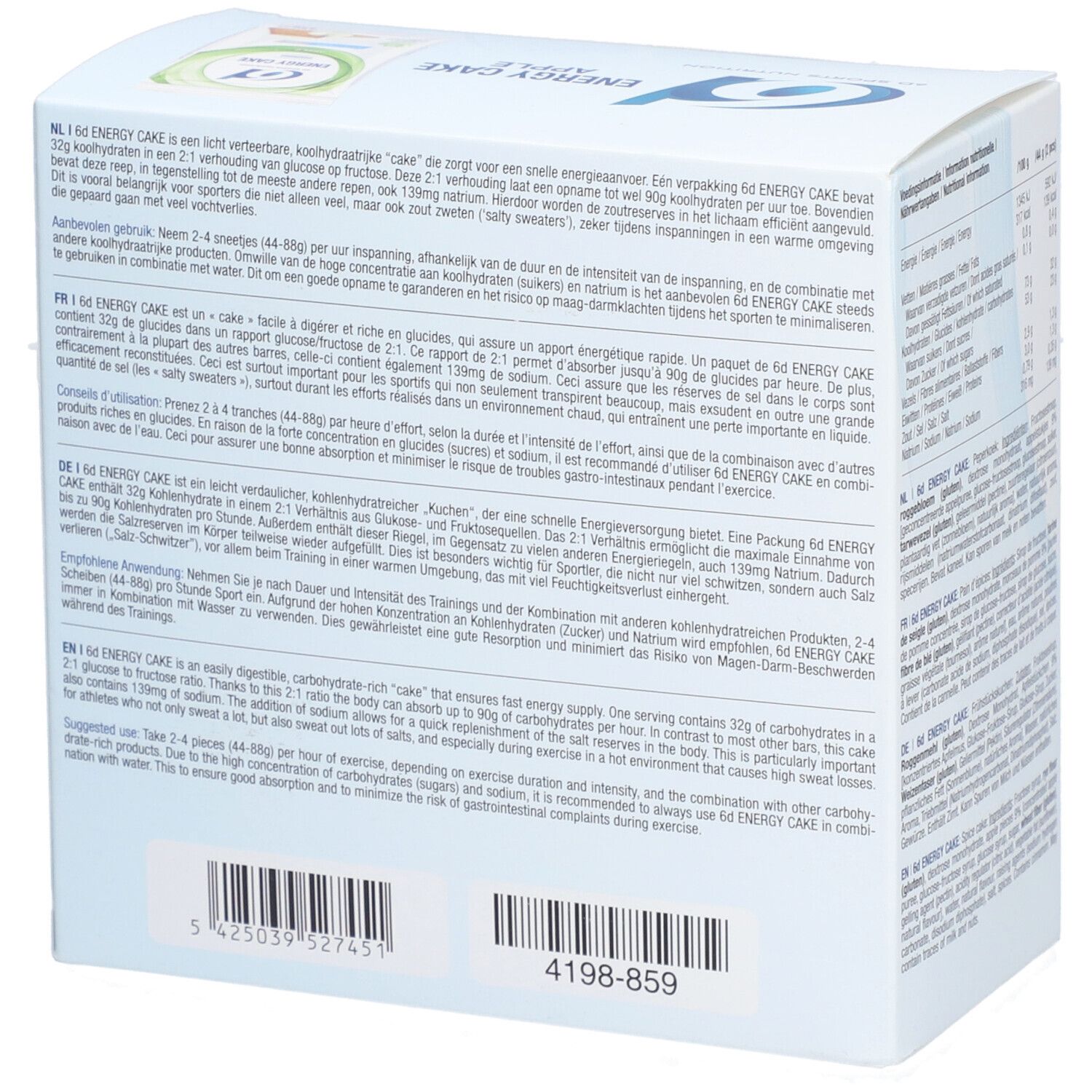 Achterkant verpakking 6D Sports Nutrition Energy Cake. Meertalige tekst, barcode, lotnummer.