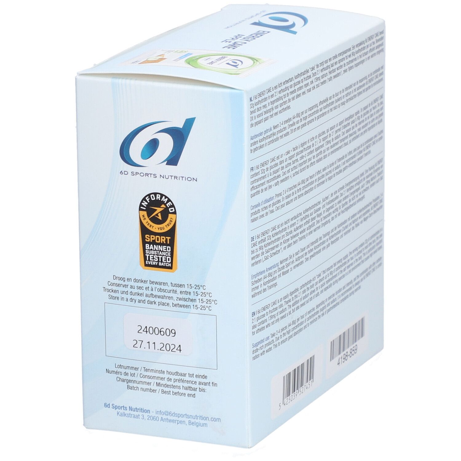 Zijkant verpakking 6D Sports Nutrition Energy Cake. Logo, Sport Banned Tested-zegel, houdbaarheidsdatum.