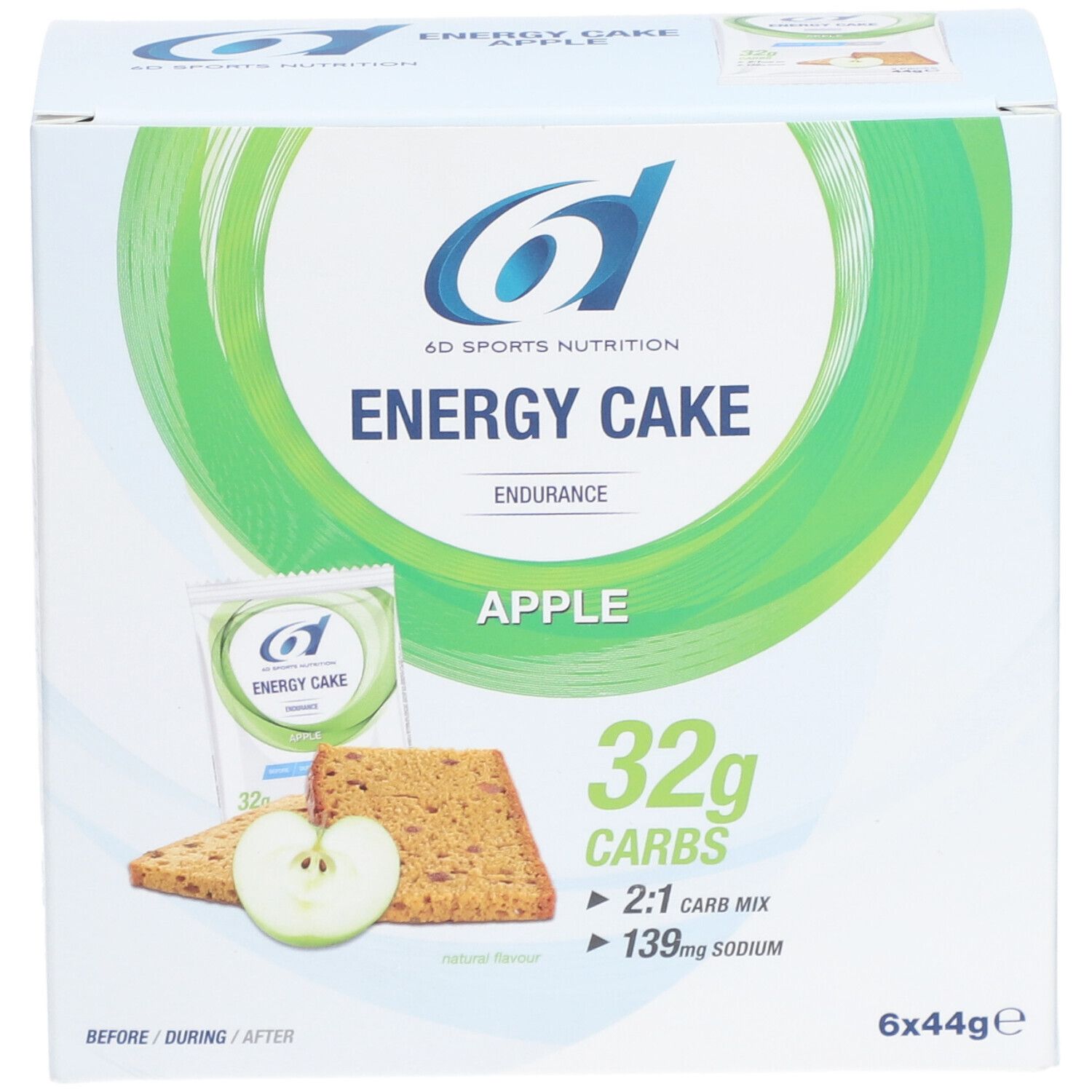 Verpakking 6D Sports Nutrition Energy Cake Apfel. Bevat 6 repen, 32g koolhydraten, 139mg natrium. Appel afgebeeld.