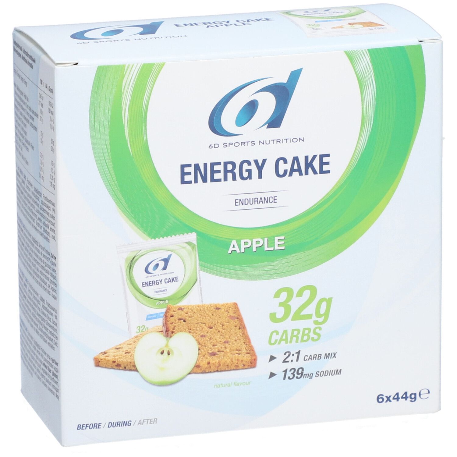 Verpakking 6D Sports Nutrition Energy Cake Apfel. Bevat 6 repen, 32g koolhydraten, 139mg natrium. Appel afgebeeld.