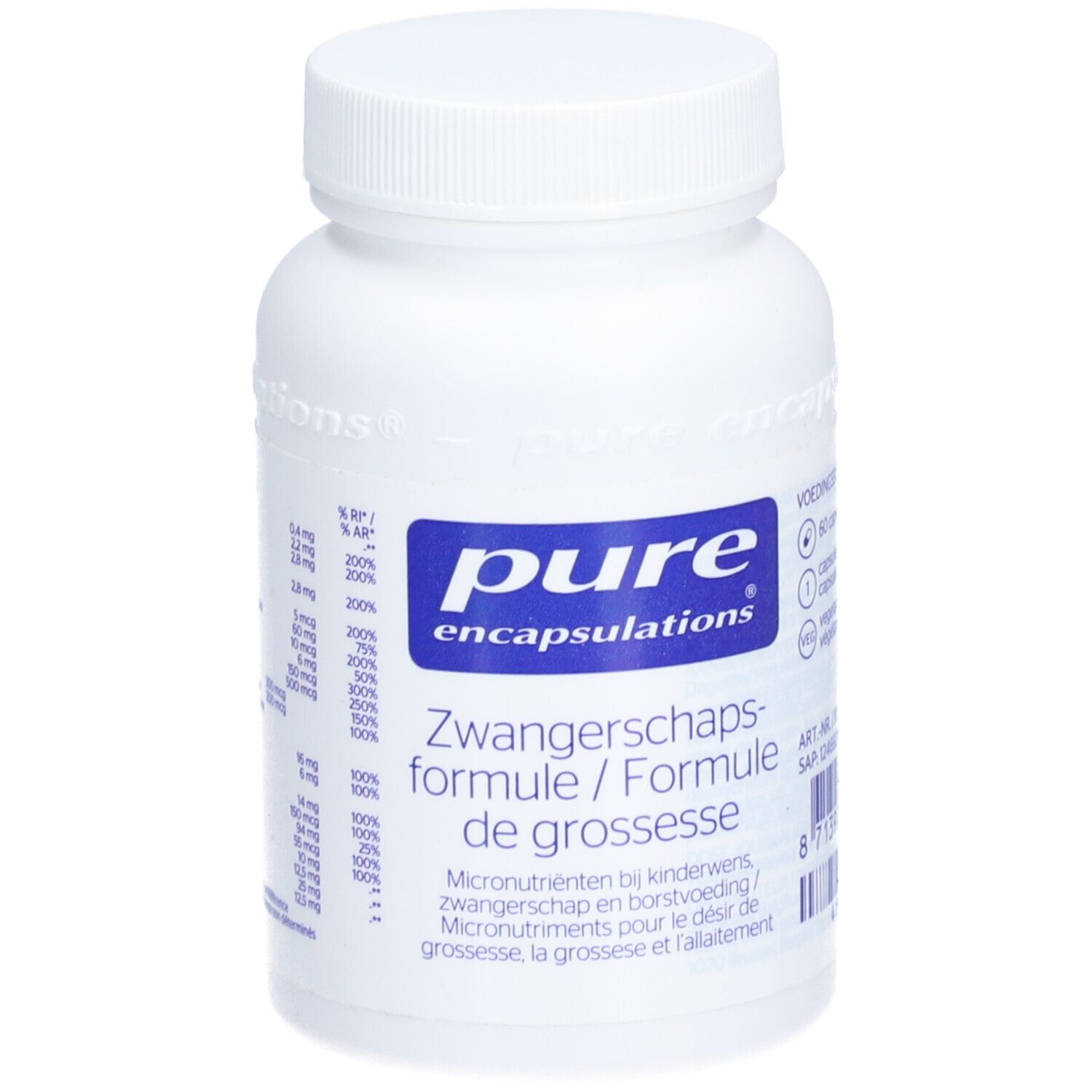 Witte fles met blauw etiket. Opschrift: Pure Encapsulations, Zwangerschapsformule. Bevat 60 capsules.