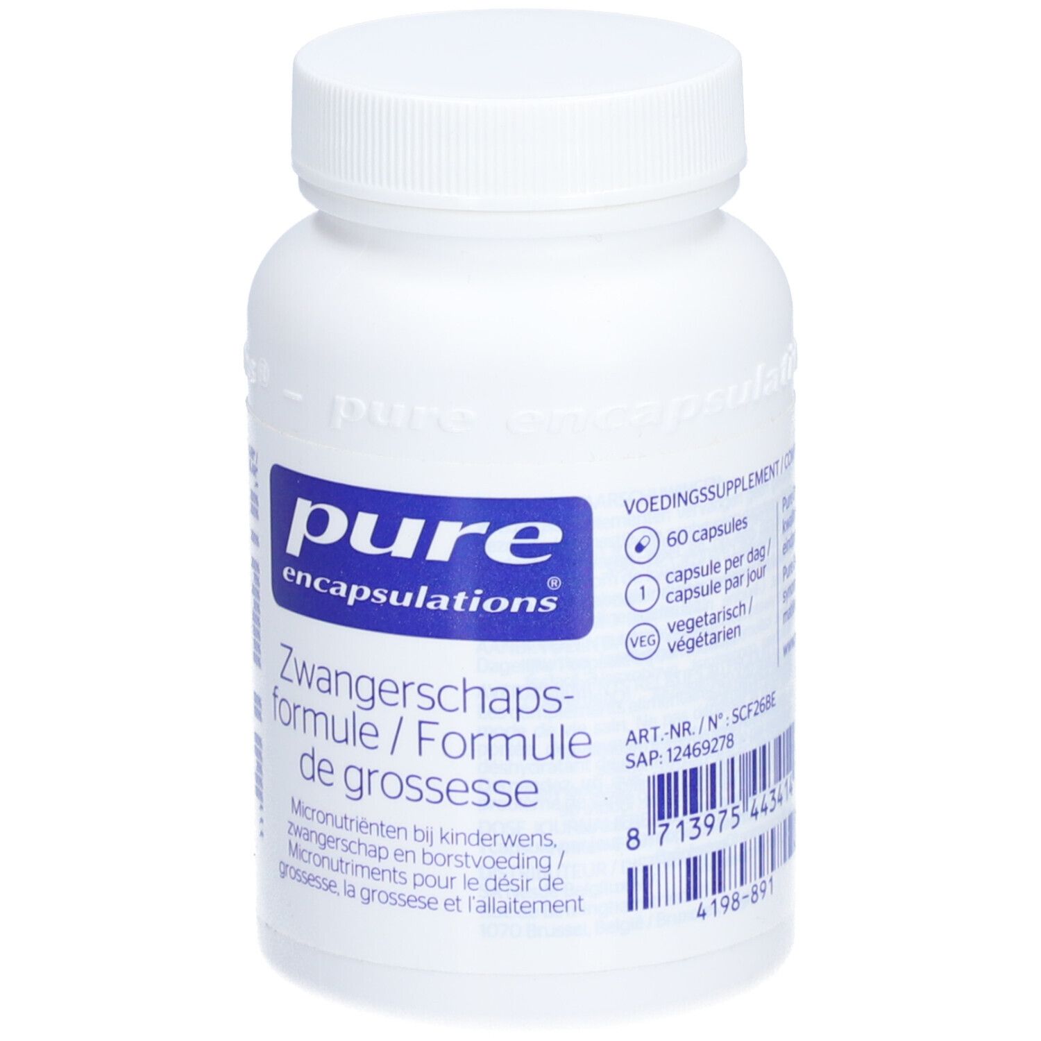 Witte fles met blauw etiket. Opschrift: Pure Encapsulations, Zwangerschapsformule. Bevat 60 capsules.