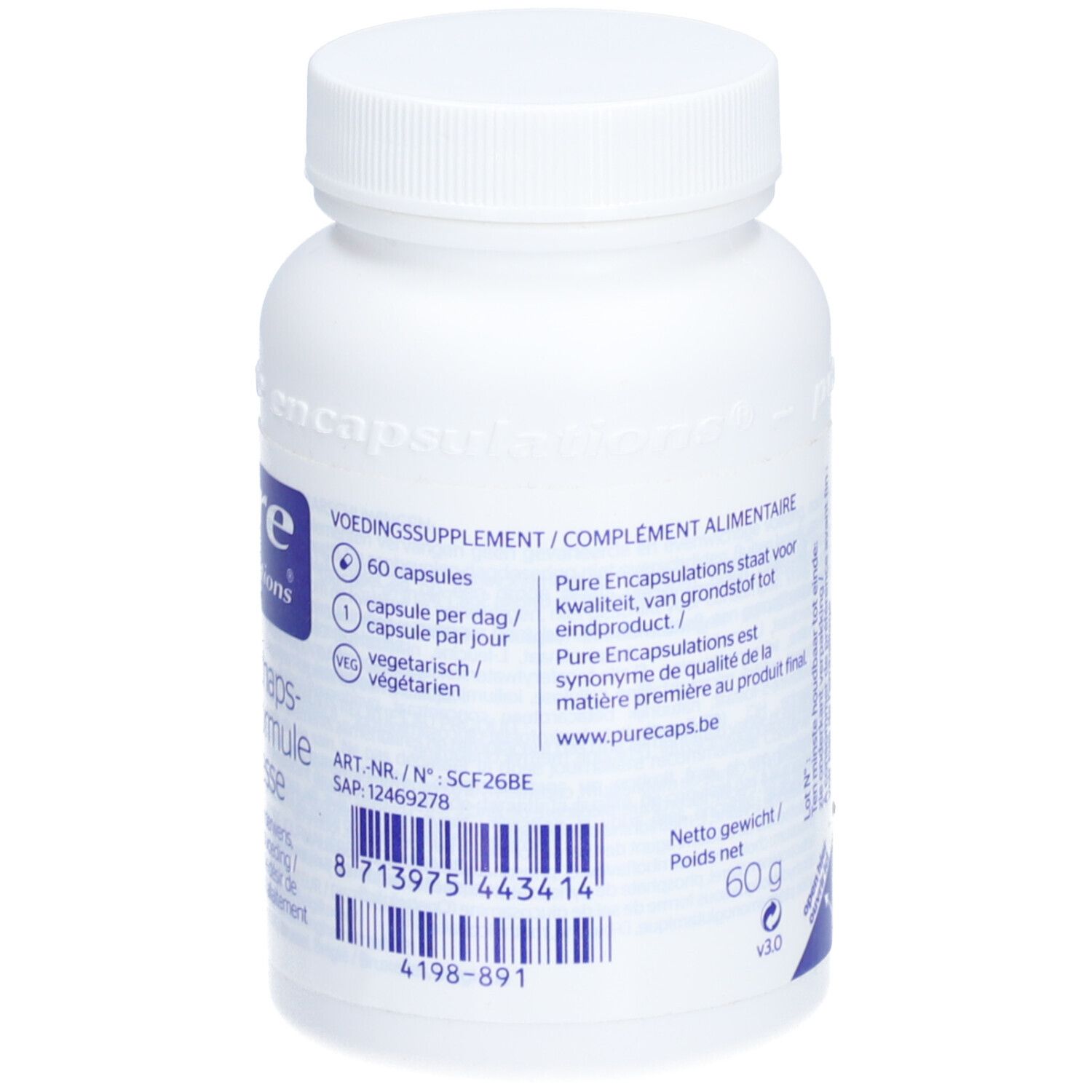 Witte fles met blauw etiket. Opschrift: Pure Encapsulations, Zwangerschapsformule. Bevat 60 capsules.