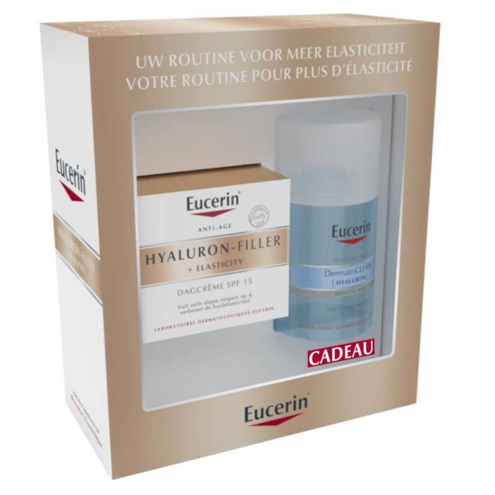 Geschenkverpakking met twee Eucerin-producten. Bevat een crème en een blauwe fles. Tekst: HYALURON-FILLER + ELASTICITY, CADEAU.