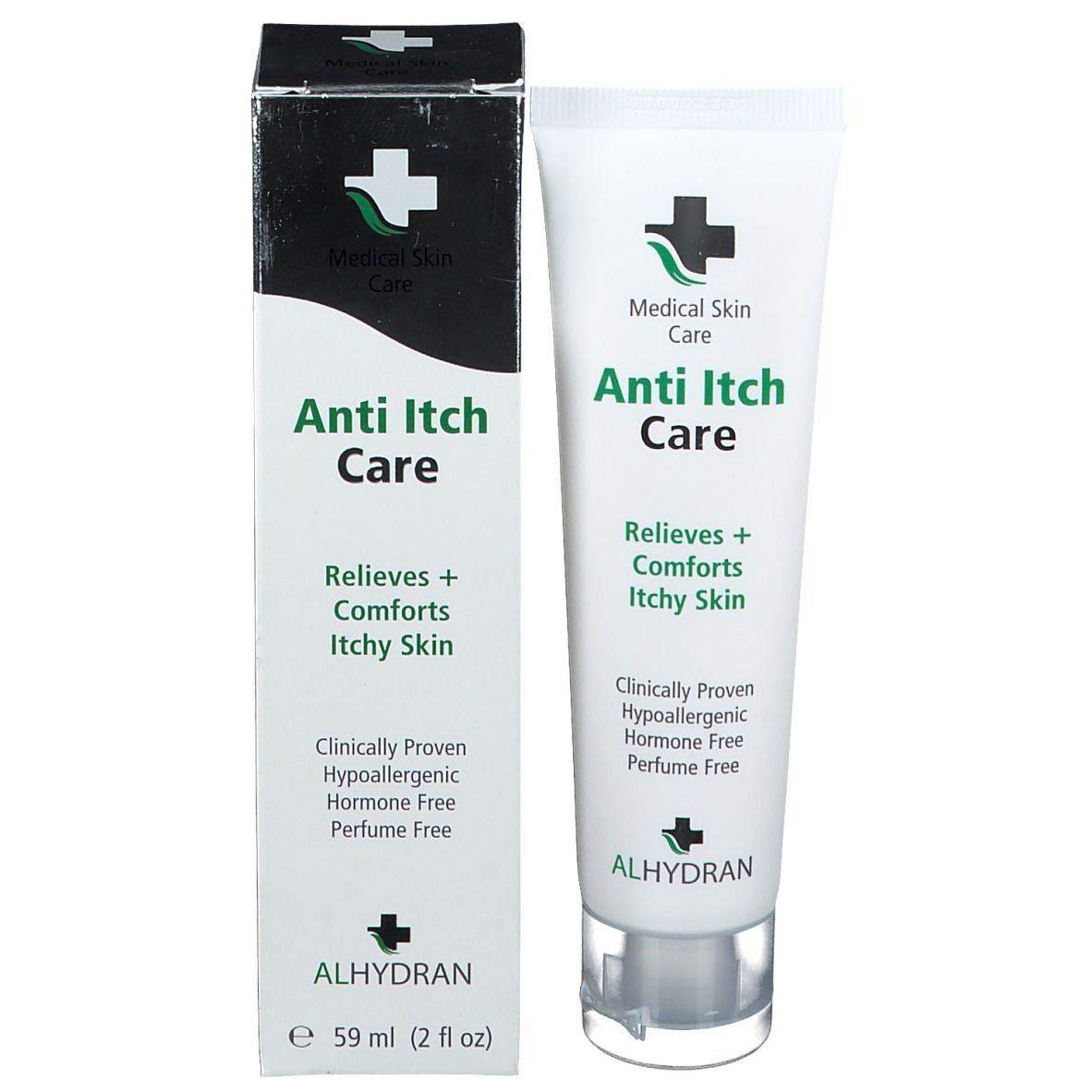Productverpakking: tube en doos. Doos met tekst: Anti Itch Care. Tube met logo en tekst: ALHYDRAN. Grootte: 59 ml.