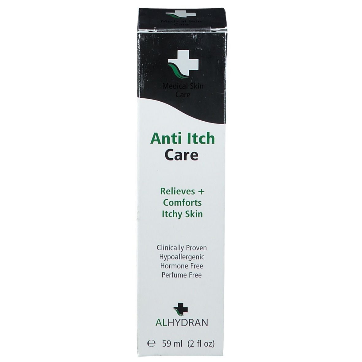 Doos met tekst: Anti Itch Care. Bevat logo en tekst: ALHYDRAN. Grootte: 59 ml. Zwart-witte kleurstelling.