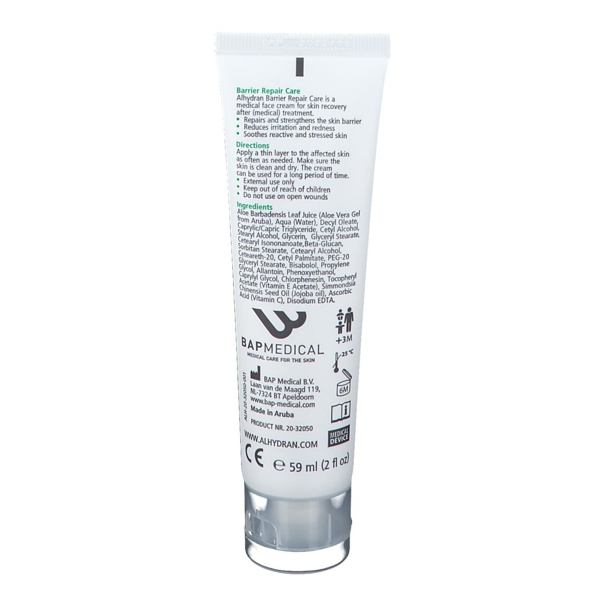 Achterkant van een witte tube. Tekst: Ingrediënten, gebruiksaanwijzing, fabrikantinfo. Merk: BAPMEDICAL. Volume: 59 ml.