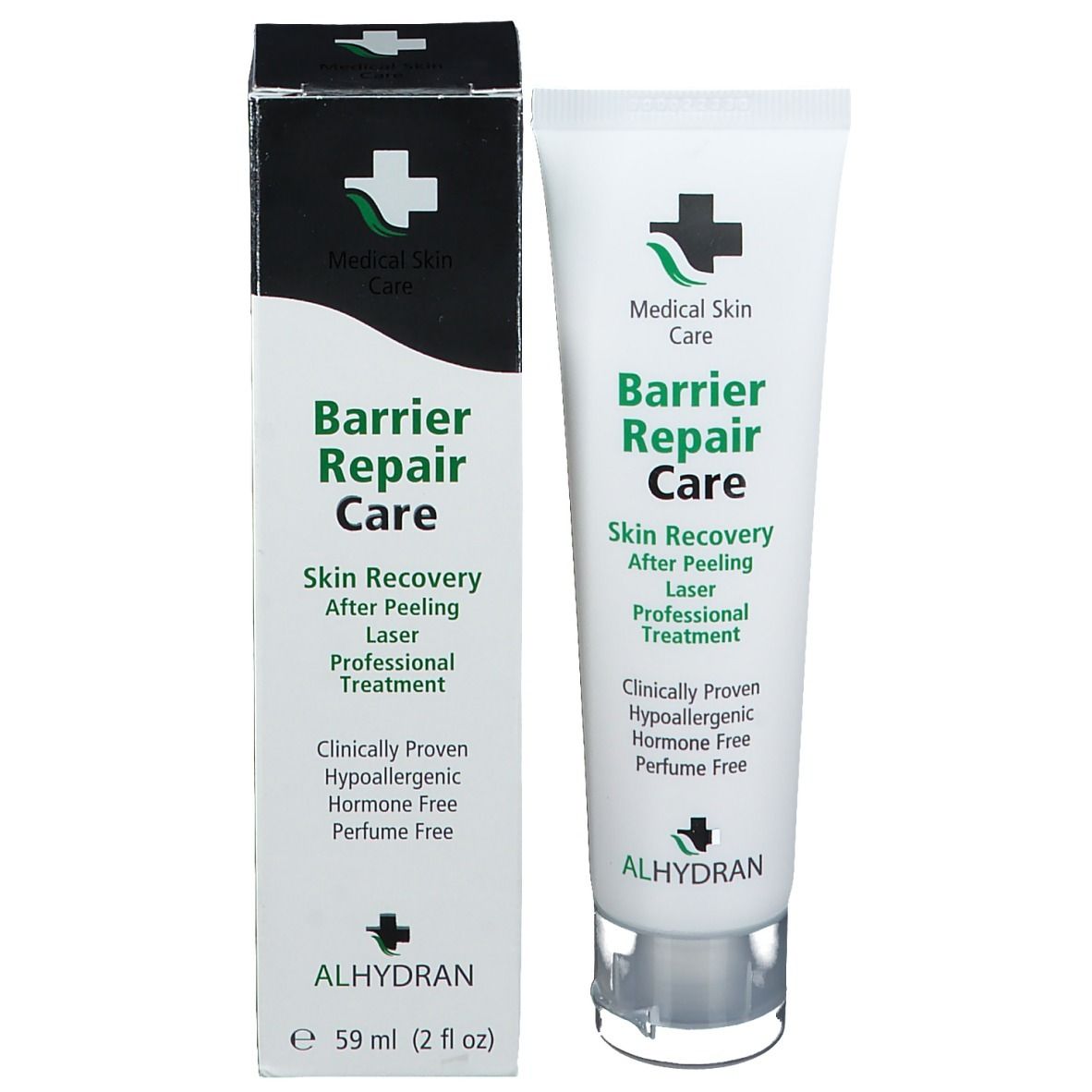 Productverpakking: tube en doos. Tube: wit, tekst: Barrier Repair Care, ALHYDRAN. Doos: zwart, tekst: Barrier Repair Care, ALHYDRAN. Volume: 59 ml.
