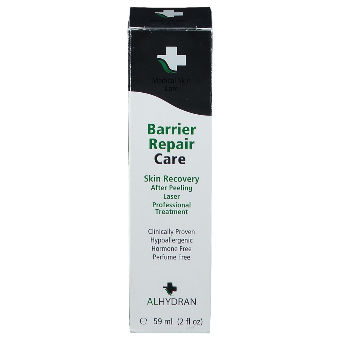 Zwarte productverpakking. Tekst: Barrier Repair Care, Skin Recovery, After Peeling, Laser, Professional Treatment. Merk: ALHYDRAN. Volume: 59 ml.