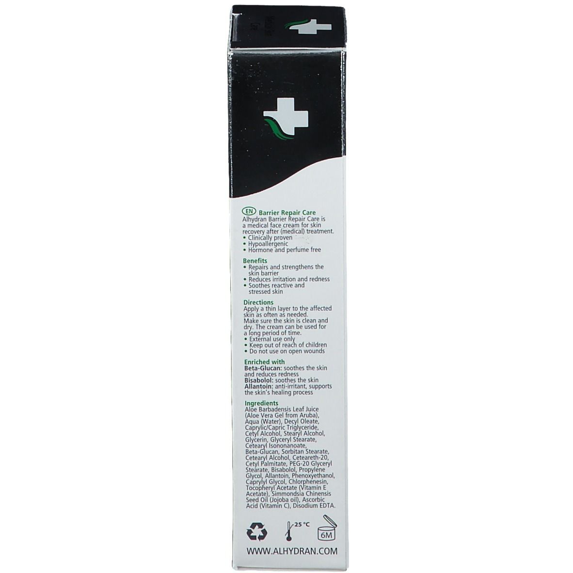 Zwarte productverpakking. Tekst: Voordelen, gebruik, ingrediënten. Merk: ALHYDRAN. Certificeringen: CE.
