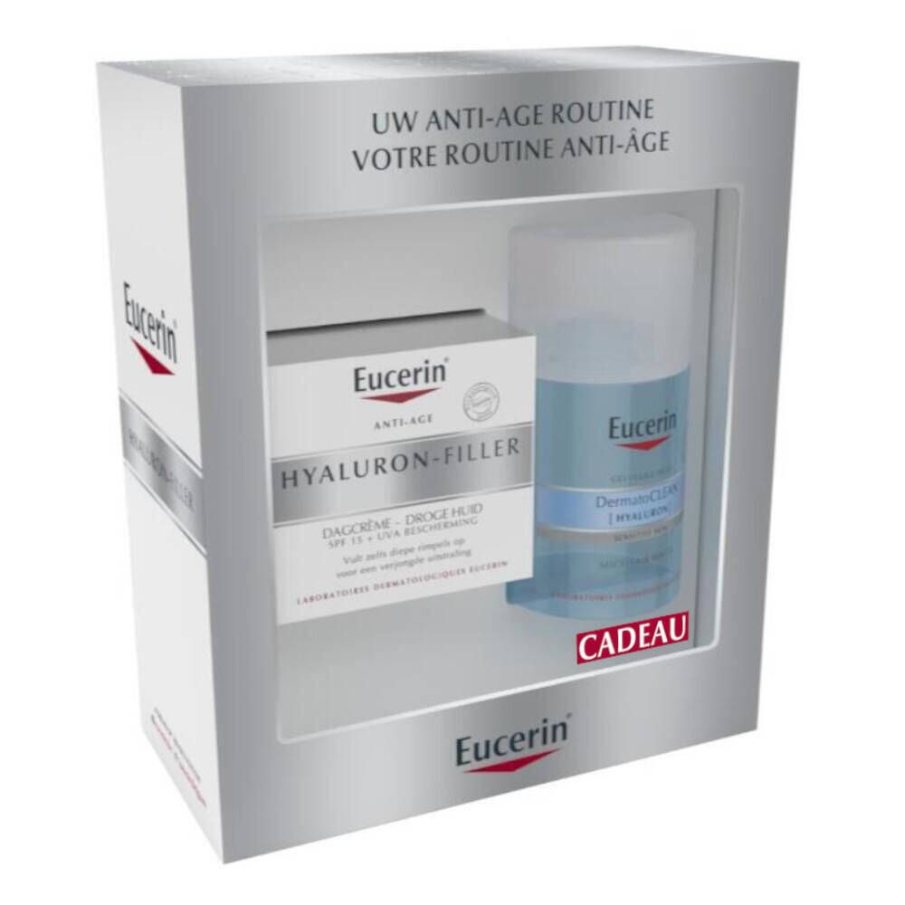 Eucerin cadeauverpakking met crème en micellair water. Witte verpakking met zilveren accenten. Het woord "CADEAU" is zichtbaar.