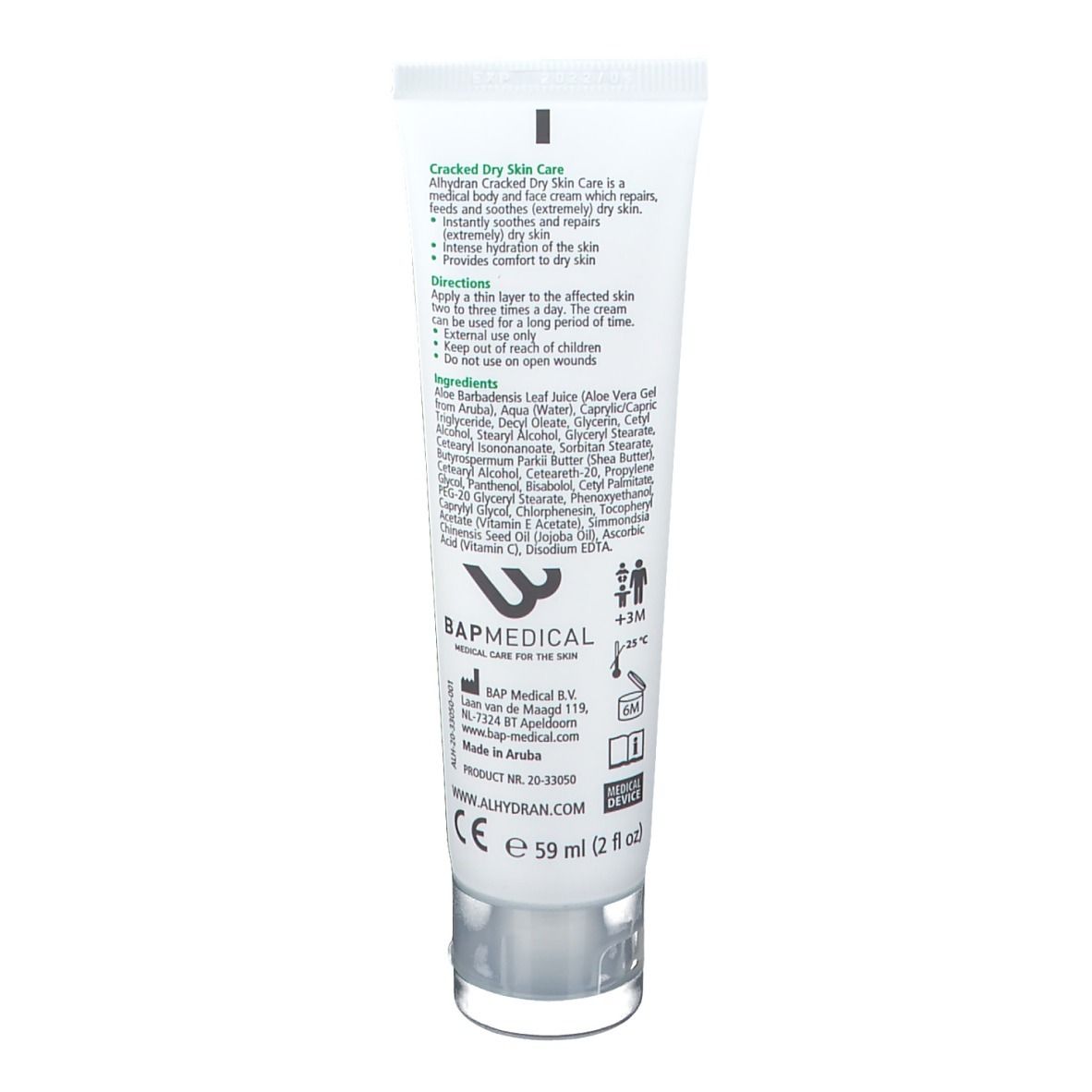 Dos du tube blanc. Texte avec informations sur le produit et ingrédients. Marque : Alhydran. Dispositif médical.