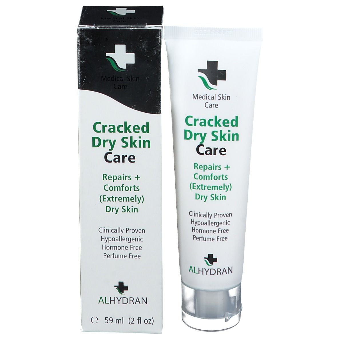 Emballage du produit avec tube et boîte. Tube : Cracked Dry Skin Care, Alhydran. Boîte : Cracked Dry Skin Care, Alhydran.