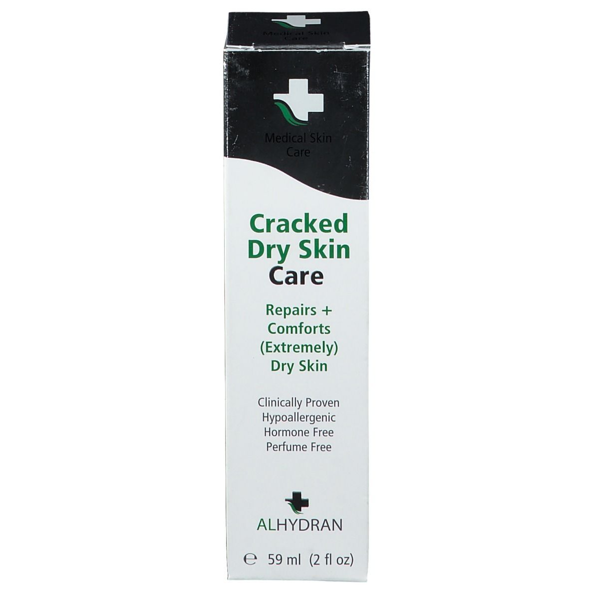 Boîte avec informations sur le produit. Nom du produit : Cracked Dry Skin Care. Marque : Alhydran. Soin médical de la peau.