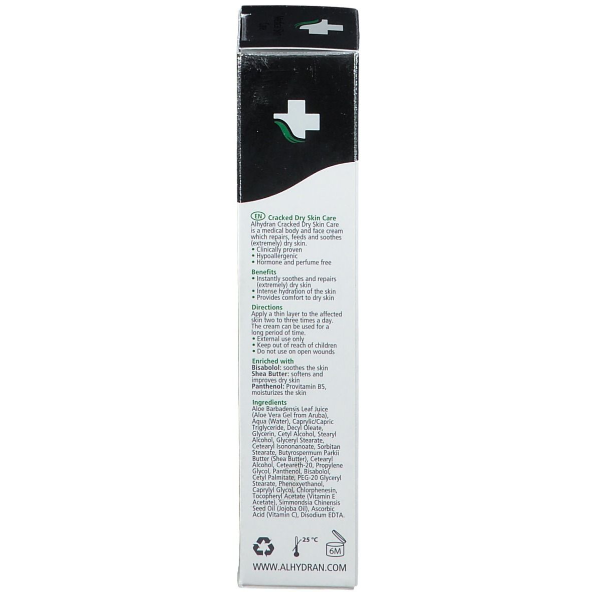 Dos de la boîte avec informations sur le produit. Texte en anglais. Dispositif médical. Marque : Alhydran.