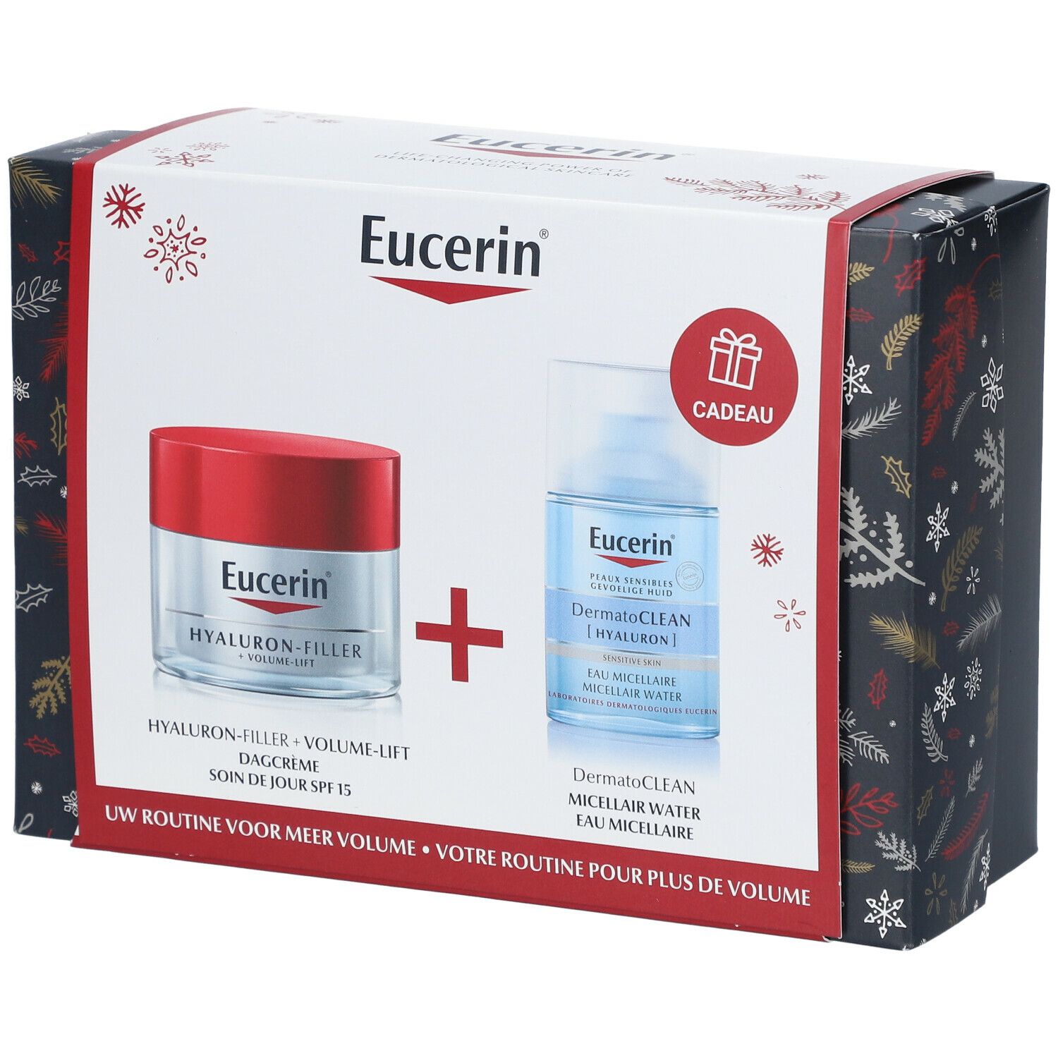 Geschenkbox mit Eucerin Produkten. Enthält Tagespflege und Mizellenwasser. Marke und Produktnamen sind sichtbar.