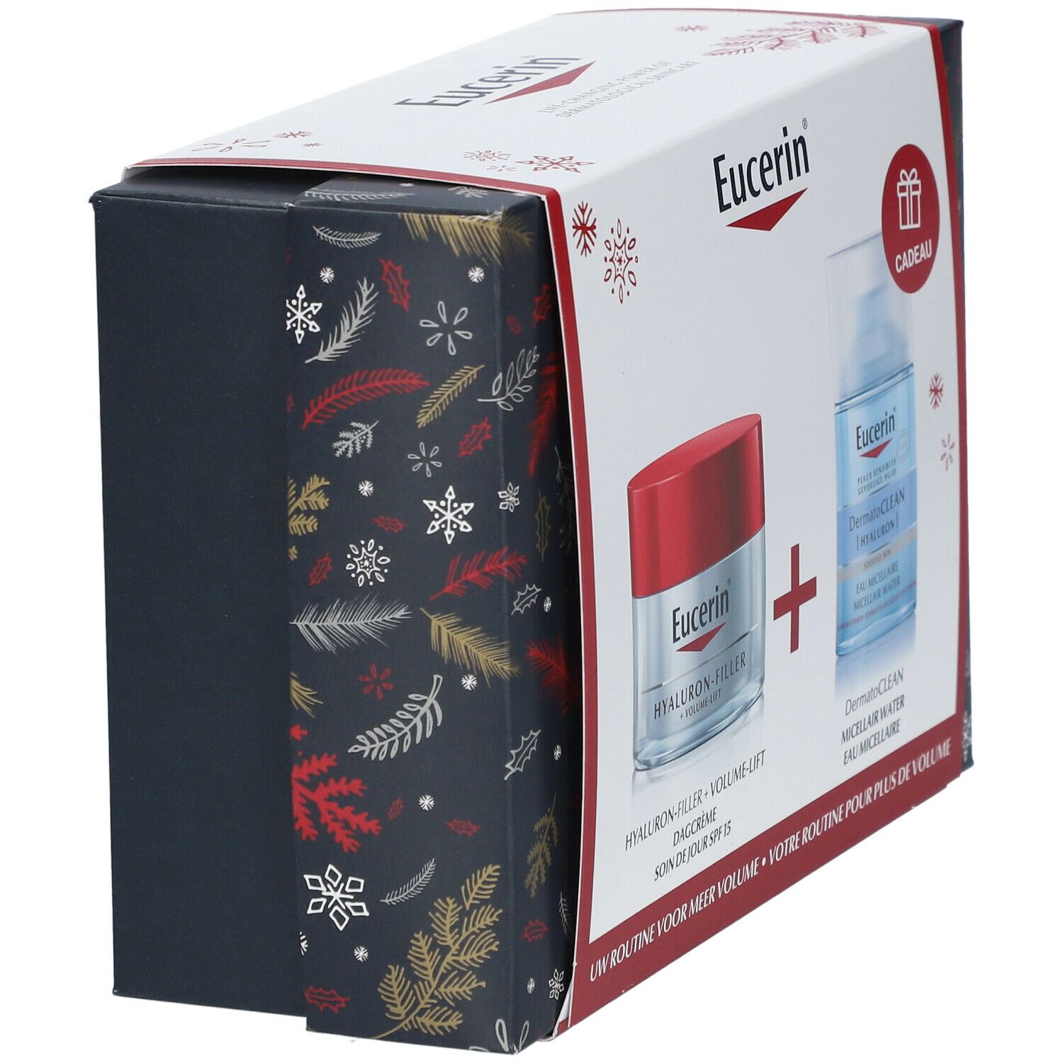Geschenkbox mit Eucerin Produkten. Enthält Tagespflege und Mizellenwasser. Marke und Produktnamen sind sichtbar.
