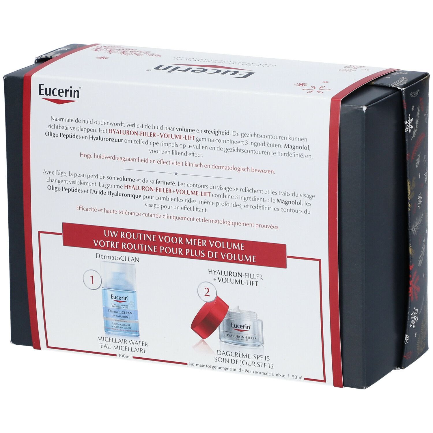 Rückseite der Geschenkbox mit Produktinformationen und Anwendungsanleitung. Eucerin-Logo oben.
