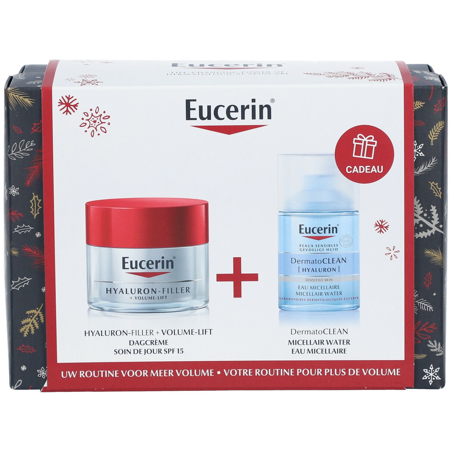 Geschenkbox mit Eucerin Produkten. Enthält Tagespflege und Mizellenwasser. Marke und Produktnamen sind sichtbar.