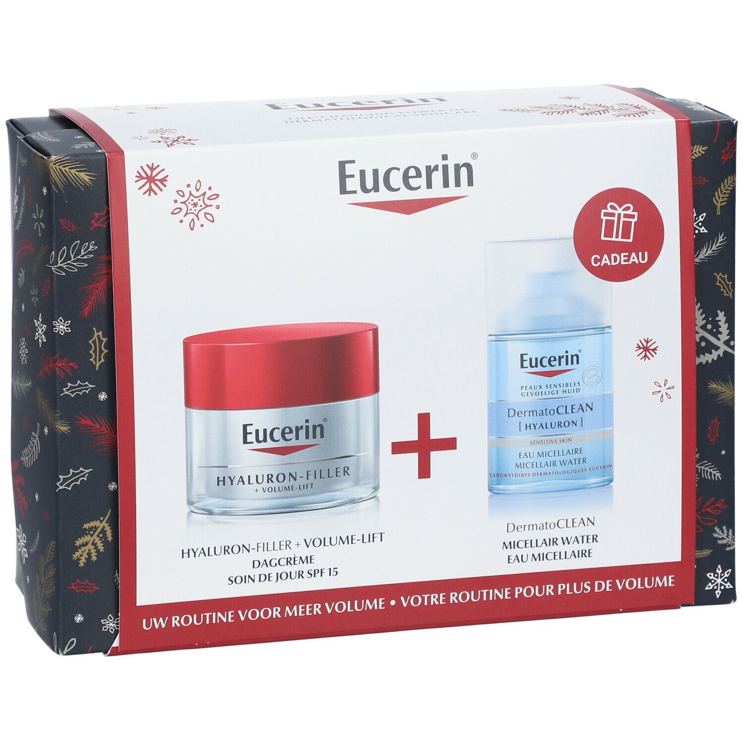 Geschenkbox mit Eucerin Produkten. Enthält Tagespflege und Mizellenwasser. Marke und Produktnamen sind sichtbar.