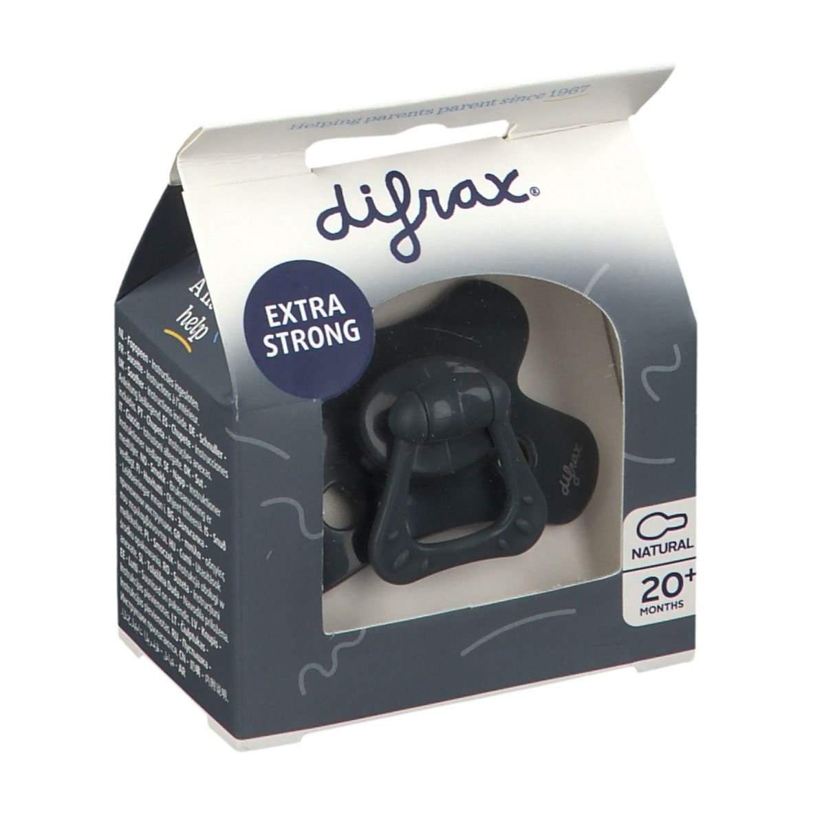 Donkergrijze fopspeen in verpakking. Venster toont product. Opschrift: difrax, Extra Strong, 20+ maanden.