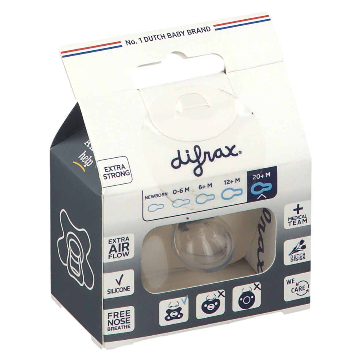 Verpakking met fopspeen. Venster zichtbaar. Opschrift: difrax, Extra Air Flow, 0-6M, 6-12M, 12+M. Illustraties.
