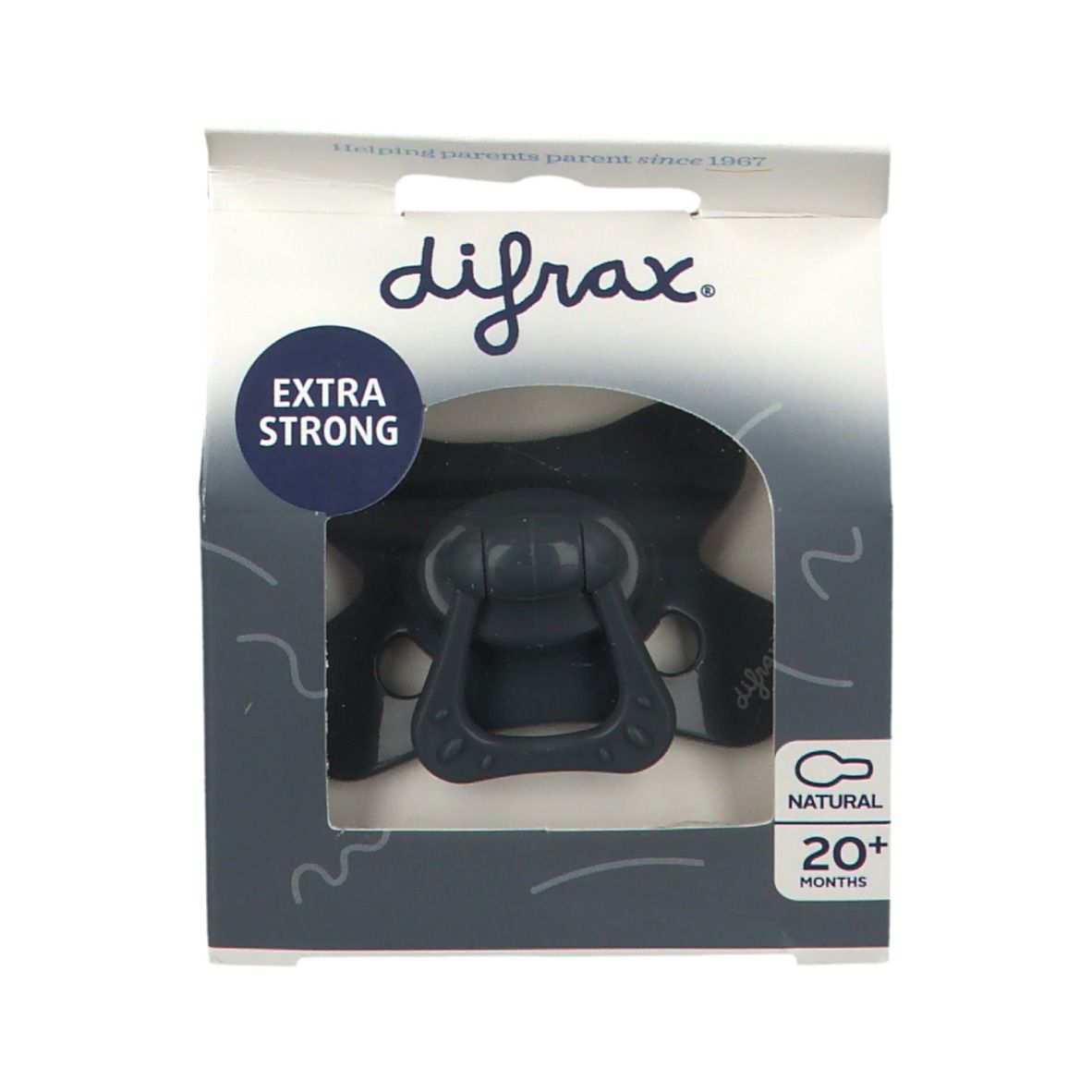 Donkergrijze fopspeen in verpakking. Opschrift: difrax, Extra Strong, 20+ maanden. Vorm: natuurlijk.