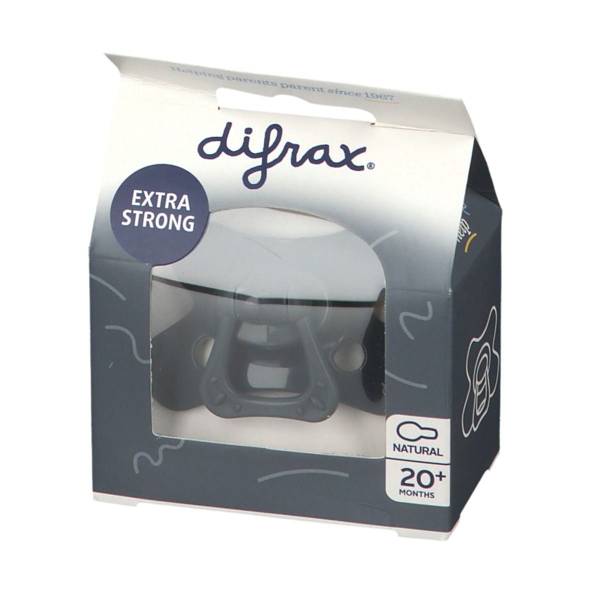 Verpakking met fopspeen. Venster zichtbaar. Opschrift: difrax, Extra Strong, 20+ maanden. Vorm: natuurlijk.