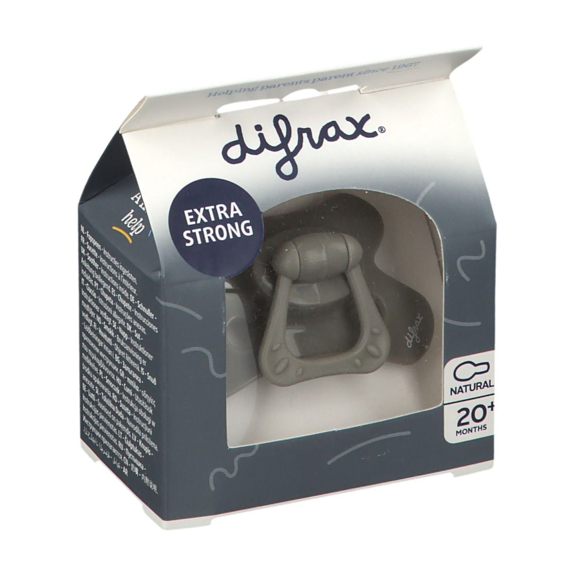 Verpakking met fopspeen. Zichtbaar: merk difrax, 'EXTRA STRONG', 'NATURAL 20+ MONTHS'. Grijze fopspeen in venster.