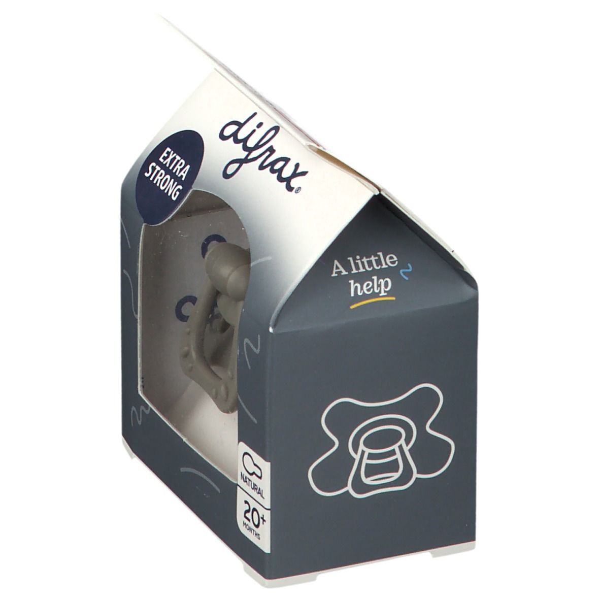 Verpakking met fopspeen. Merk difrax, 'EXTRA STRONG', 'NATURAL 20+ MONTHS'. Grijze fopspeen in venster. 'A little help'.