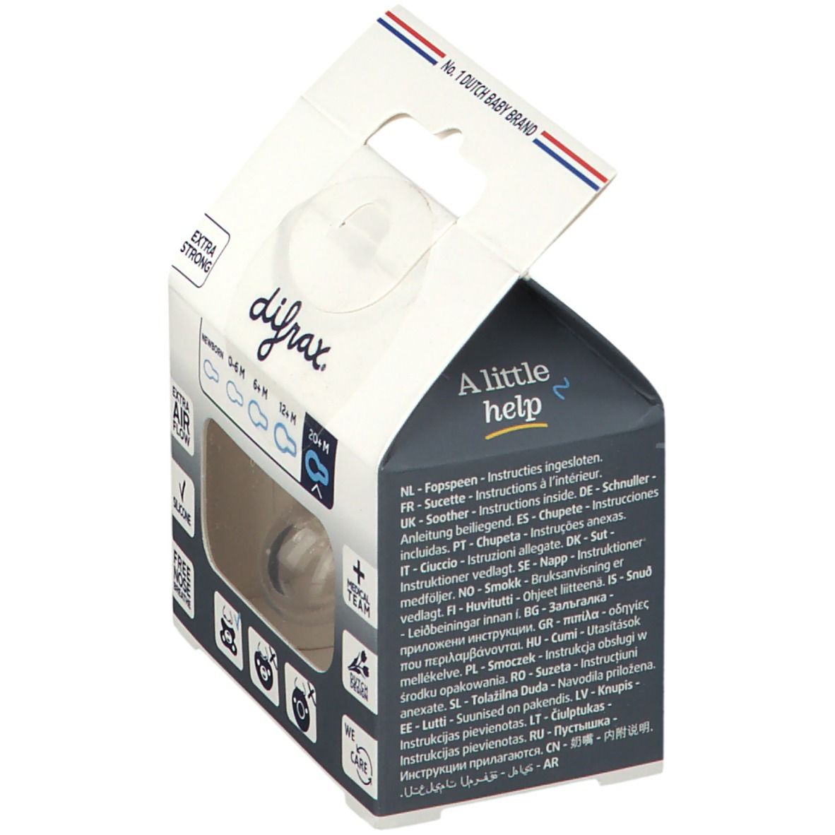 Open verpakking met fopspeen. Merk difrax. Tekst: 'A little help'. Meertalige instructies. 'No. 1 DUTCH BABY BRAND'.