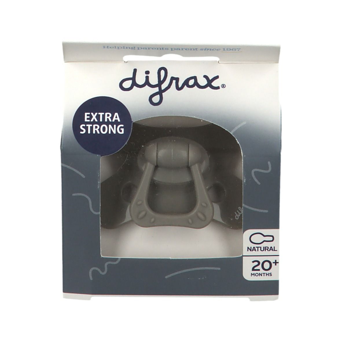 Verpakking met fopspeen. Merk difrax, 'EXTRA STRONG', 'NATURAL 20+ MONTHS'. Grijze fopspeen in venster.