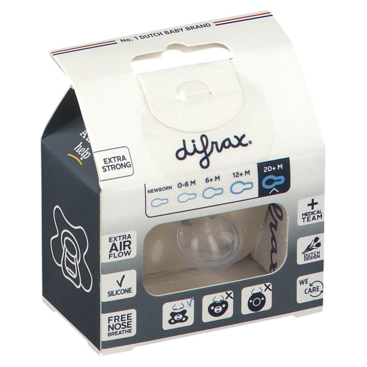 Verpakking met fopspeen. Zichtbaar: transparante fopspeen, opschrift "difrax.", "EXTRA AIR FLOW", "SILICONE".
