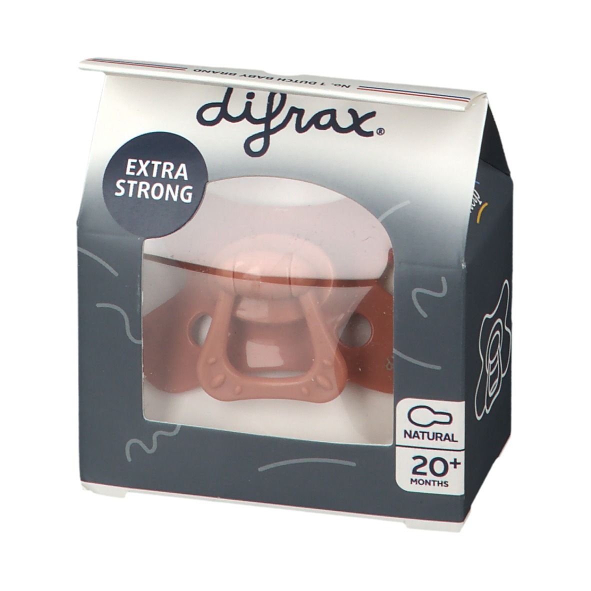 Fopspeen in verpakking. Zichtbaar: bruine fopspeen, verpakking met opschrift "EXTRA STRONG" en "NATURAL 20+ months".