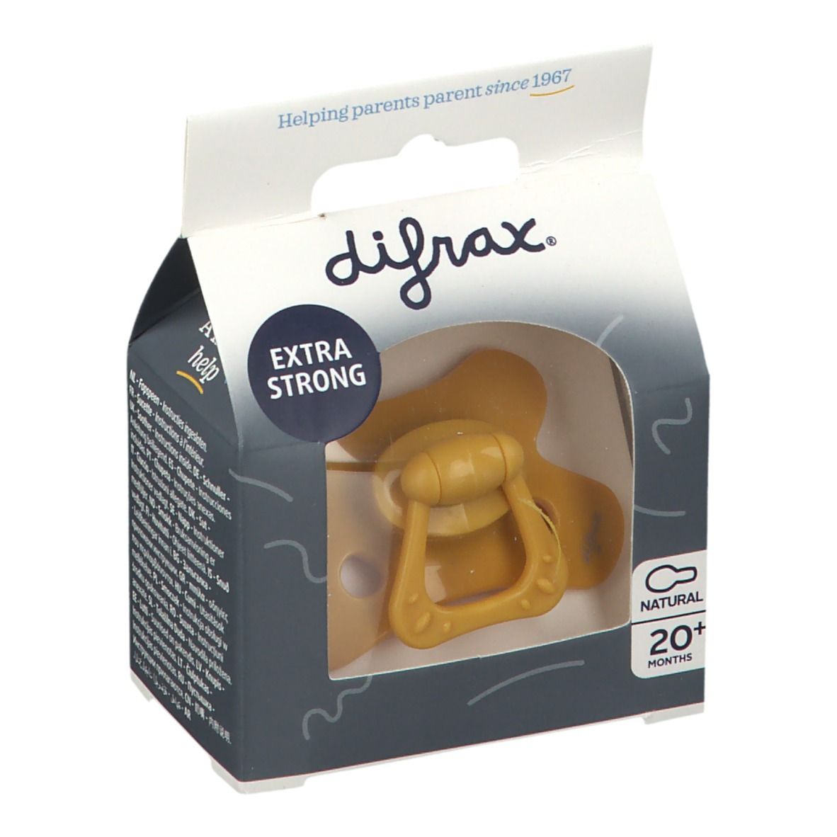 Verpakking met fopspeen. Gele fopspeen met handvat, in een doos met venster. Opschriften: difrax, Natural 20+ maanden, Extra Strong.