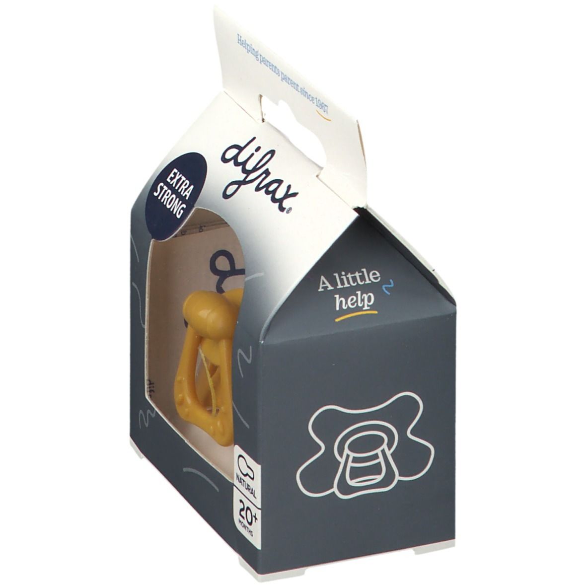 Verpakking met fopspeen. Gele fopspeen met handvat, in een doos met venster. Opschriften: difrax, Extra Strong, A little help.