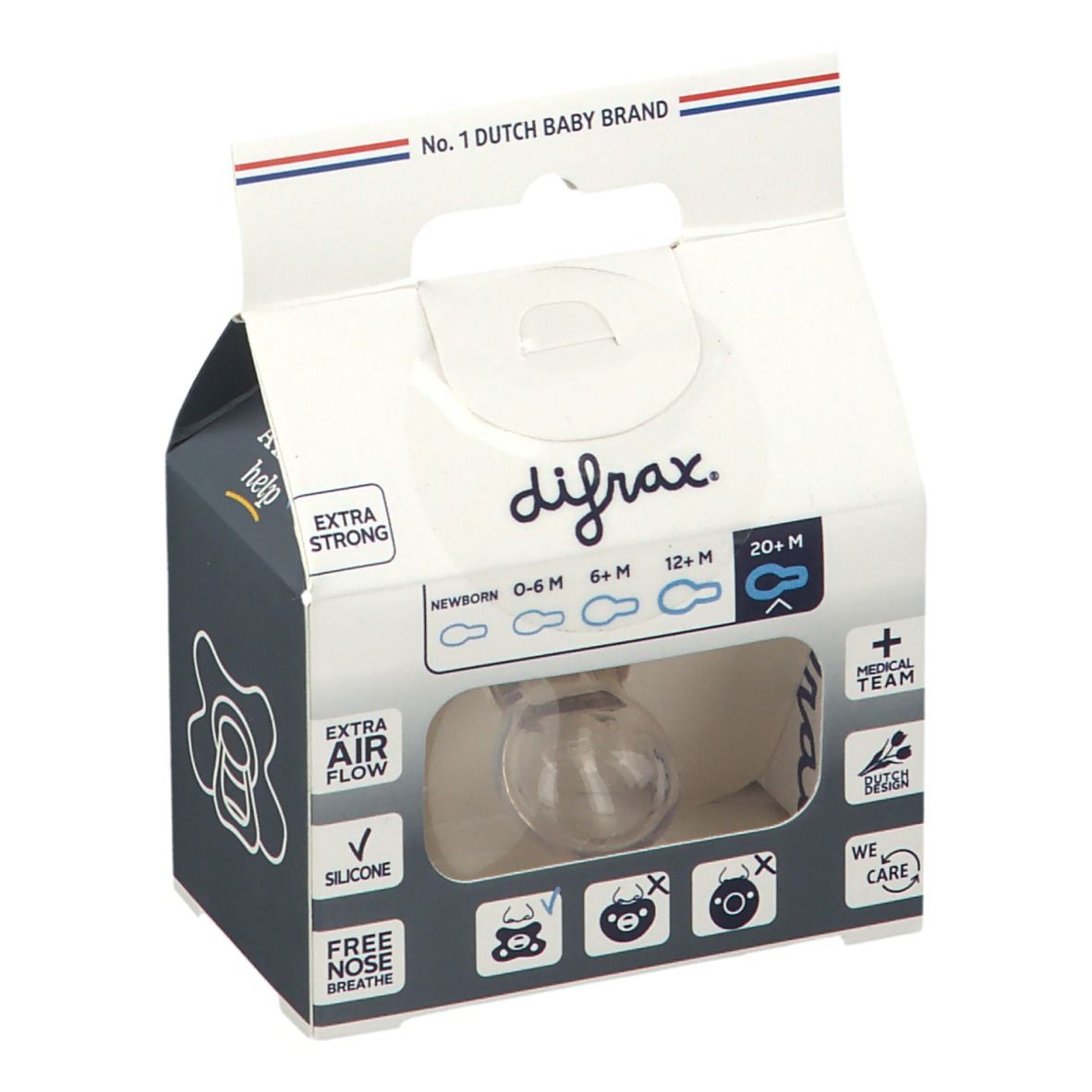 Verpakking met fopspeen. Transparante fopspeen in een doos met venster. Opschriften: difrax, 0-6M, 6+M, 12+M, Extra Air Flow, Silicone.