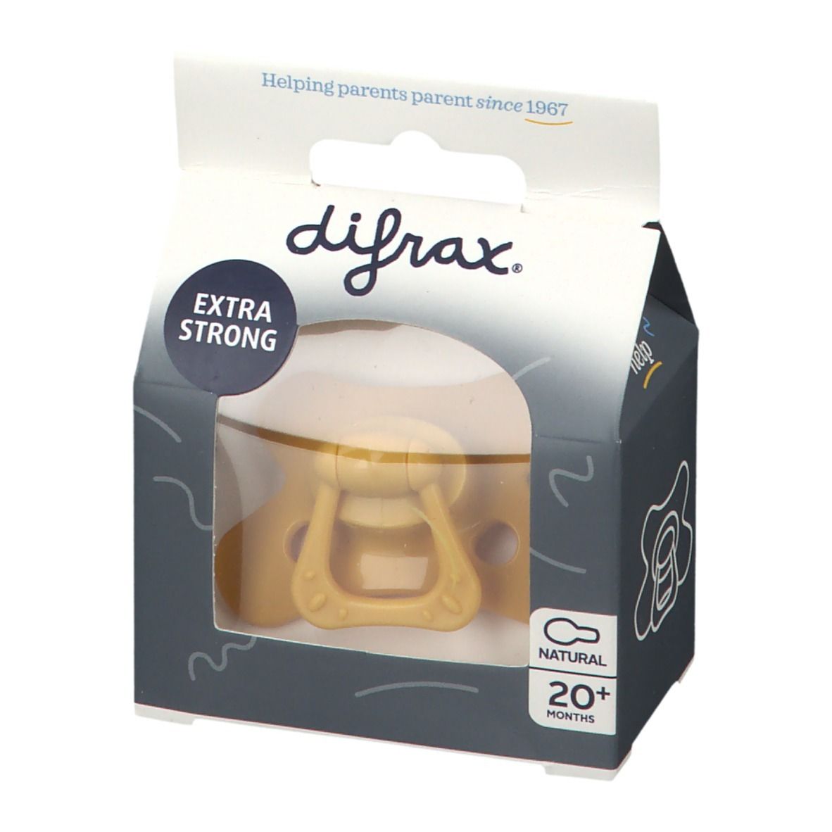 Verpakking met fopspeen. Gele fopspeen met handvat, in een doos met venster. Opschriften: difrax, Natural 20+ maanden, Extra Strong.