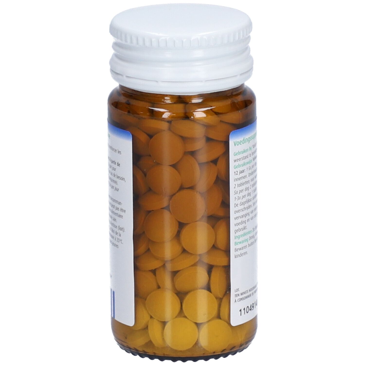 Braune Glasflasche mit weißen Deckel. Tabletten sichtbar. Etikett mit Text. 200 Tabletten.