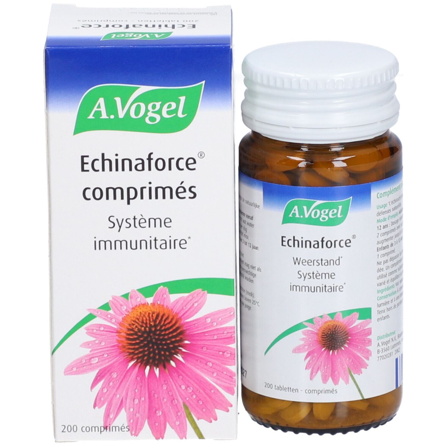 A. Vogel Echinaforce Tabletten und Schachtel. Schachtel mit Text und Blume. 200 Tabletten.