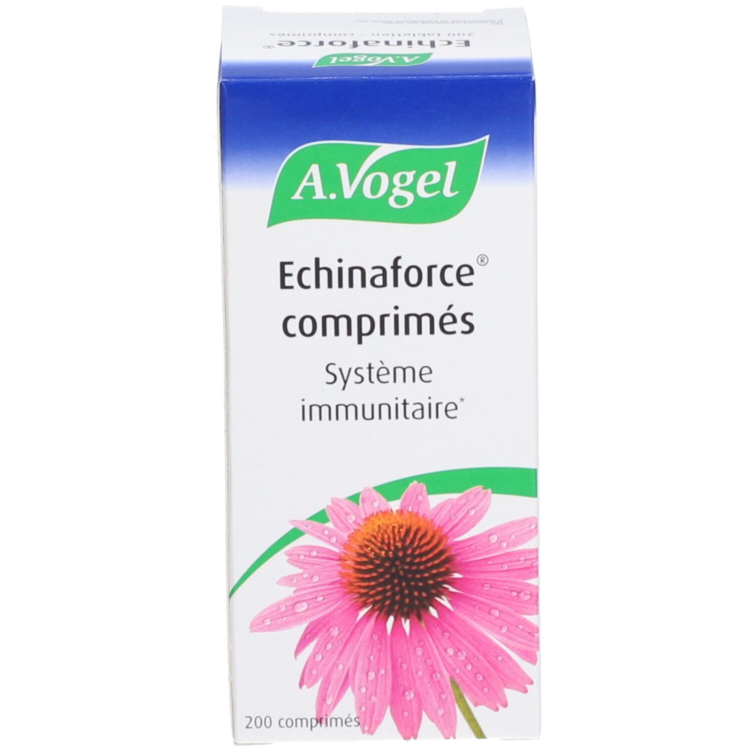 Weiße Schachtel mit A. Vogel, Echinaforce, Text und Blume. 200 Tabletten.