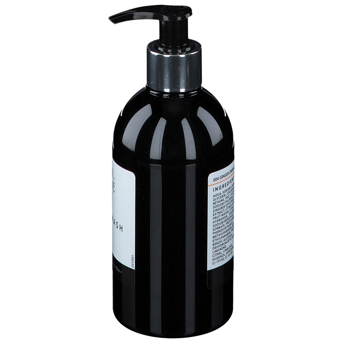 Flacon noir avec pompe. Inscription : Oline, Handwash. Liste des ingrédients. Rayures verticales.