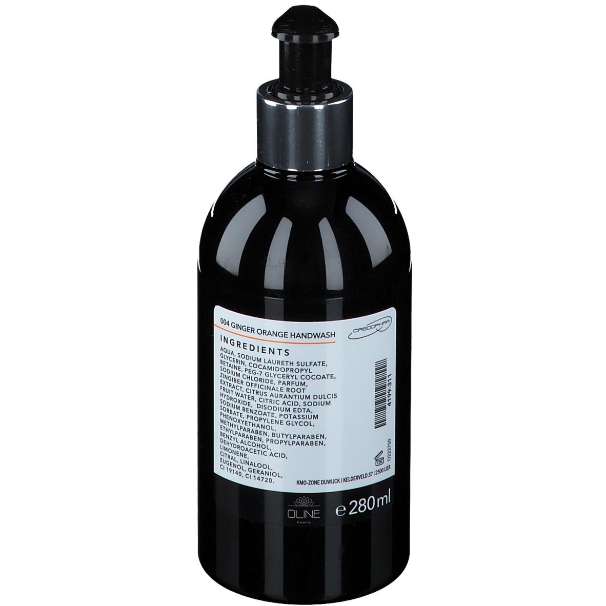 Flacon noir avec pompe. Inscription : Oline, Handwash. Liste des ingrédients et volume 280ml. Rayures verticales.