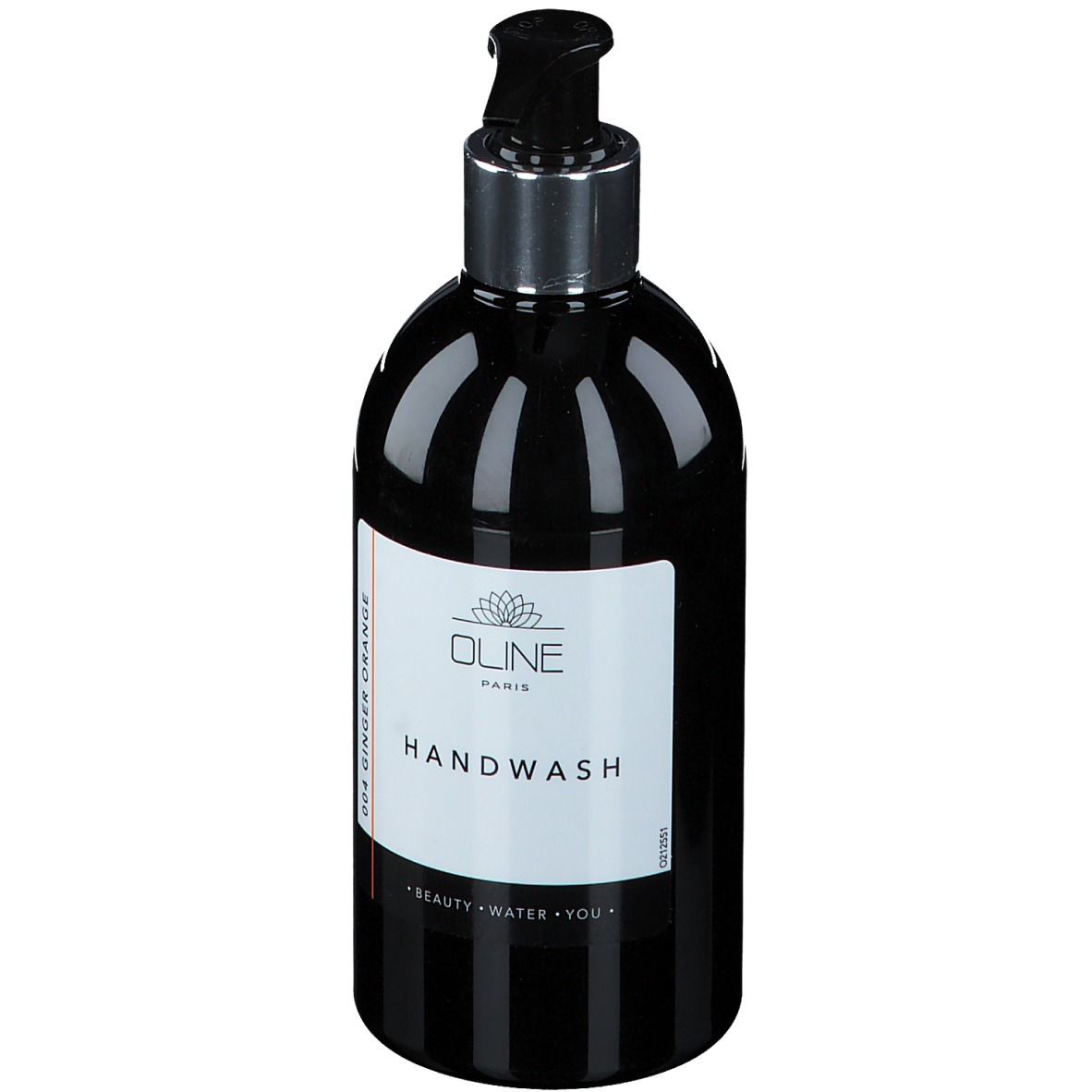 Flacon noir avec pompe. Inscription : Oline, Handwash. Parfum Orange Gingembre. Rayures verticales.